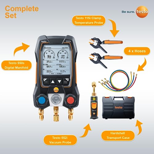 testo 550s AC Manifold Gauge Set – Manifold Gauges Hvac and Refrigeration – Incl. 2x testo 115i Pipe Clamp Thermometer, 1x testo 552i Micron Gauge and a Set of 3 Hoses – with Bluetooth