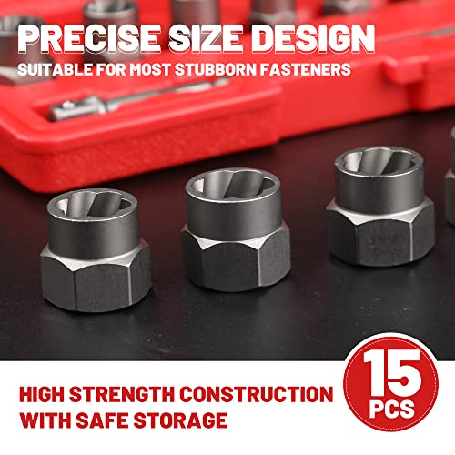 UYECOVE 15-Pcs Bolt Extractor Set, 3/8'' Drive Easy Out Bolt Extractor Set, Stripped Bolt Remover Nut Extractor Set for Damaged, Frozen, Rusted Sockets, Rounded-Off Bolts, Nuts & Screws