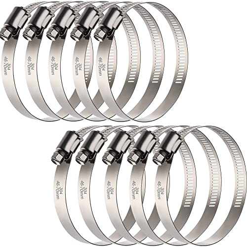 OURU 10Pack 2.5 inch Hose Clamp,Stainless Steel Large Hose Clamps Adjustable from 1-13/16"-2-3/4"/46-70mm,Metal Worm Drive Gear Duct Clamp for Air Ducting,Dryer Vent Hose,Fuel Line,Plumbing,Automotive