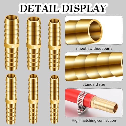 Yaocom 12PCS Brass Hose Barb Union Fitting Barb Splicer Mender Joiner Hose Fitting with 18PCS Stainless Steel Pipe Hose Clamp for Air/Water/Fuel/Oil, 3/16 1/4 5/16 3/8 1/2 5/8 Inch (Brassy,L Fitting)