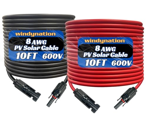 WindyNation 8 AWG 8 Gauge Pair 10 Feet Black + 10 Feet Red PV Photovoltaic Solar Panel Extension Cable Wire Solar Connector (Variety of Lengths Available)