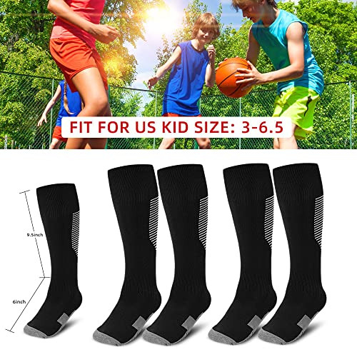 ZEPOHCK Kids Athletic Soccer Socks 2 Pairs, Knee High Socks for Youth Boys Girls, Shoe Size 3-6.5, Ages 6-12, Black