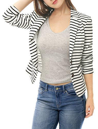 Allegra K Women's Notched Lapel Pocket Button Closure Striped Blazer Small White Brown