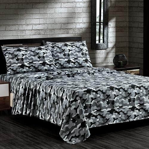 Chezmoi Collection Military Camo 3-Piece Sheet Set - Camouflage Black Gray Printed Microfiber Soft Breathable Deep Pocket Sheets and Pillowcases Set, Twin Size