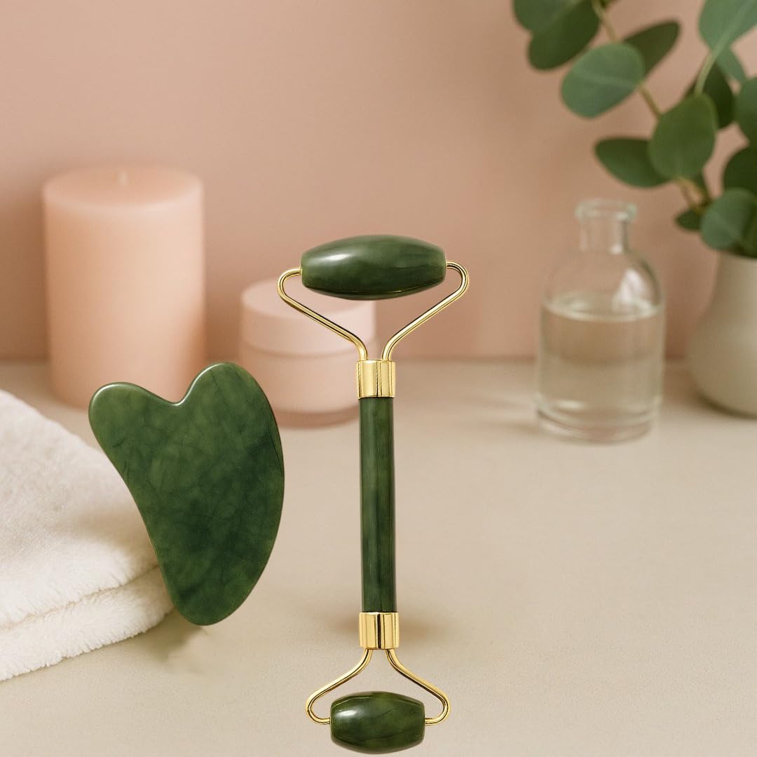 Gua Sha Facial Tool and Jade Roller Set –Anti-Aging Tools for Lymphatic Drainage, Puffiness, Wrinkles, and Relaxation – Skincare Tool for Face and Neck (Dark Green)