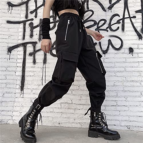 MEINVQIAOTI Black Cargo Pants Women Loose Chained Pants Multi-Pocket Multi-Zip Punk Goth Pants(Black,XS)