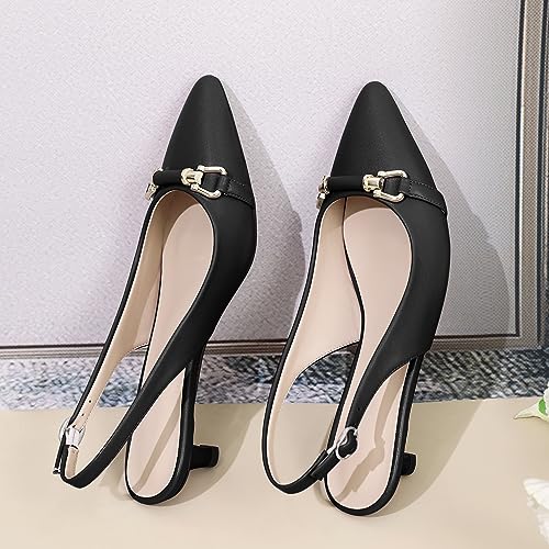 AUMOTED Women Kitten Slingback Low Heel Pumps with Buckle Bow Ankle Strap Pointed Toe Dress Shoes 1.6 Inch Patent Ocean Blue US Size 8.5