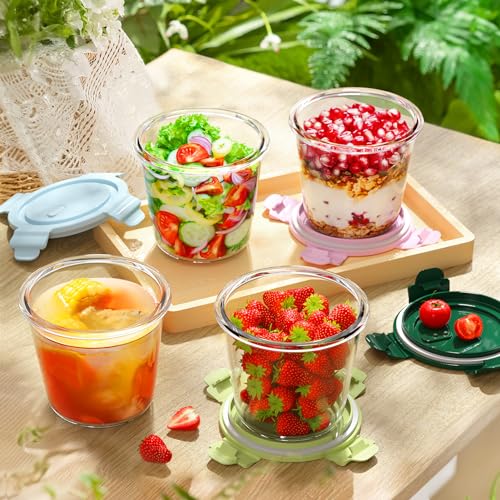 Winproper 4 Pack Glass Meal Prep Containers with Airtight Lids, Leak-proof Round Storage Containers Set, Reusable Glass Soup Containers Overnight Oats Containers for Leftover, Soup, Fruit