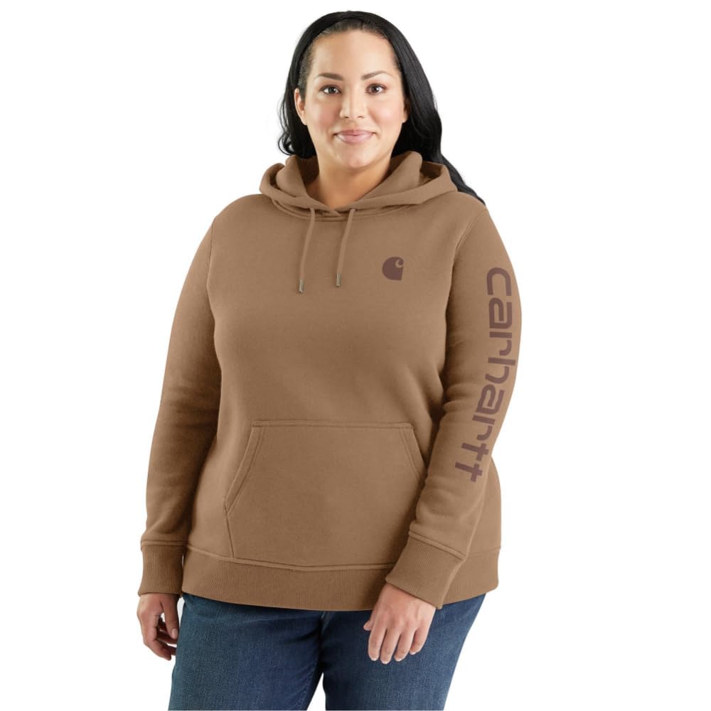 Carhartt Women's Relaxed Fit Midweight Logo Sleeve Graphic Sweatshirt (Also Available in Plus Sizes), Flaxseed, Medium