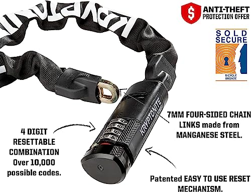 Kryptonite Keeper 712 Combo Bike Chain Lock, 4 Feet Long 7mm Steel Chain Heavy Duty Anti-Theft Bicycle Chain Lock, 4-Digit Resettable Combination Lock for E-Bike Scooter Road Mountain Bikes