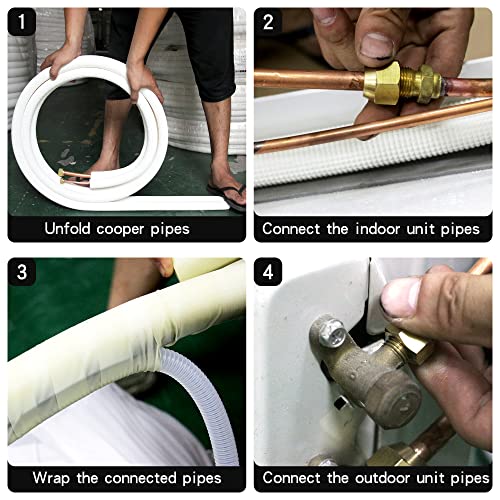 25ft Length Mini Split Line Set,1/4" 1/2" OD Copper Pipes Tubing and 3/8 White PE Thickened Insulated Coil with Flared Nuts for Mini Split Air Conditioner HVAC or Heat Pump System. (25Ft(1/4+1/2))
