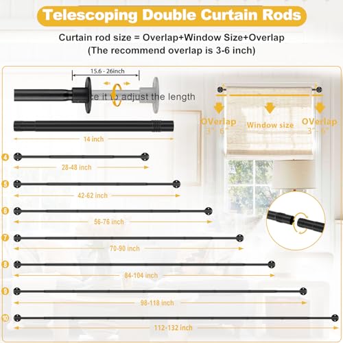Double Curtain Rods for Windows 28 to 48 Inch Industrial 1 Inch Heavy Duty Dual Black Curtain Rods Set Adjustable Blackout Telescoping Double Wrap Around Curtain Rods for Indoor and Outdoor