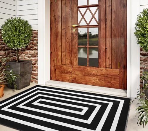 Lahome Black and White Outdoor Patio Rug, 3x5 Washable Outdoor Rugs for Front Door Mat Woven Cotton Area Rug, Geometric Indoor Outdoor Rugs Front Porch Rug for Bedroom Backyard
