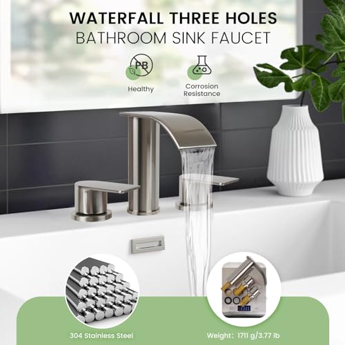 M OUDEMEI 3 Holes Waterfall Bathroom Faucet, 8 Inch Widespread Bathroom Sink Faucet, Two Handles Lavatory Vanity Sink Faucets with Pop-up Drain (Brushed Gold)