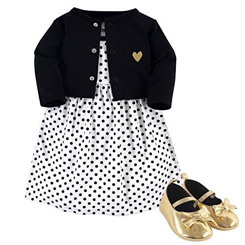 Hudson Baby Baby Girl Cotton Dress, Cardigan and Shoe Set, Watermelon, 3-6 Months