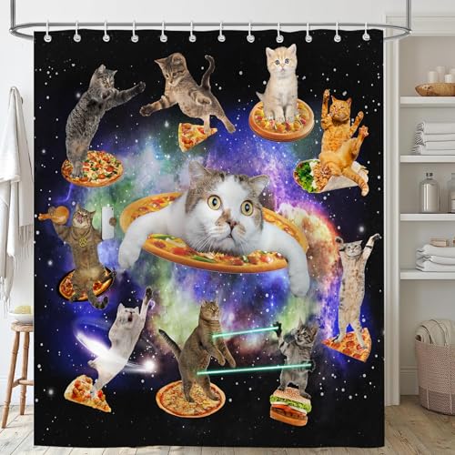 Emwnodti Cute Funny Cat Shower Curtain for Kids, Cool Fun Cute Cats Starry Sky Nebula Galaxy for Kid Bathroom Decor, Polyester Waterproof Durable Bathroom Accessory Set with 12 Hooks 72x72 inch
