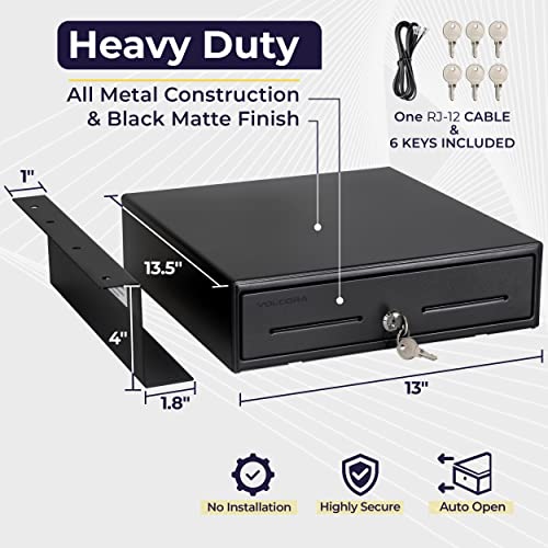 Volcora Cash Register Drawer with Under Counter Mounting Metal Bracket, 13" Black Cash Drawer for POS, 4 Bill 5 Coin Cash Tray, Fully Removable 2Tier Compartment 24V RJ11/RJ12 Key-Lock, 2 Media Slots