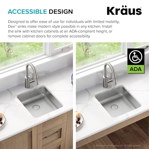 KRAUS Dex 17-inch Undermount 16 Gauge Stainless Steel Single Bowl ADA Kitchen Sink, KA1AS17B