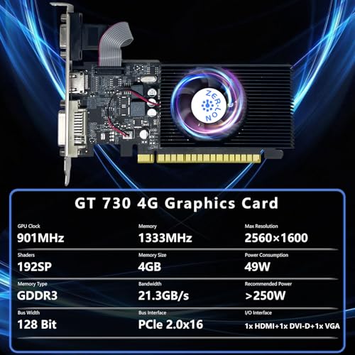 ZER-LON GT 730 Graphics Card, Computer Low Profile GPU, 4GB 128Bit GDDR3 PCIe x16, HDMI/VGA/DVI, DirectX 11, PhysX, OpenGL 3.1, Desktop Gaming Video Card, Support 2K (with Bracket)