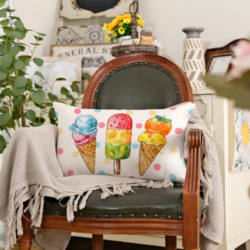 AACORS Summer Pillow Cover 12x20 Inch Ice Cream Cones Decor Polka Dots Farmhouse Seasonal Decorative Pillow Case for Home Sofa Couch AA540-12