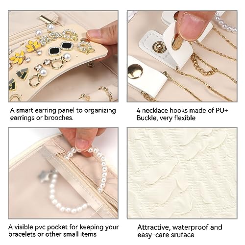Voova Travel Jewelry Holder Organizer Case, Small Jewelry Storage Bag for Women Girls, Foldable Traveling Jewellery Pouch Roll for Necklaces Rings Earrings Bracelets, Mini, Apricot