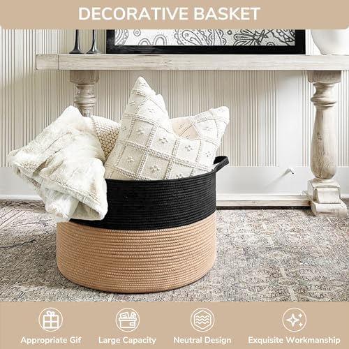 INDRESSME Woven Rope Basket with Handle, XXXLarge, Cotton (21.7" x 21.7" x 13.8") Laundry Hamper For Baby Laundry, Blanket, Toy, Storage Comforter Cushions, Gray