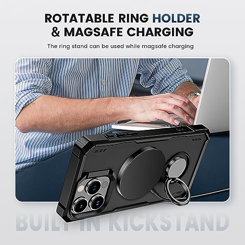 NULETO for iPhone 15 Pro Max Case with Rotatable Ring Holder Compatible with Magnetic Charging, Protective Magnetic Phone Case for iPhone 15 Pro Max 6.7 with Ring Stand Kickstand and Magnet, Black