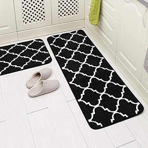 Carvapet 2 Pieces Microfiber Moroccan Trellis Non-Slip Soft Kitchen Mat Bath Rug Doormat Runner Carpet Set, 17"x48"+17"x24", Black