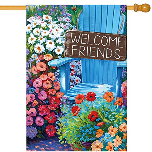 Morigins Welcome Friends Spring Chair Garden Flags Double Sided Summer Floral for Patio Lawn Home Outdoor Decor 28x40 Inch