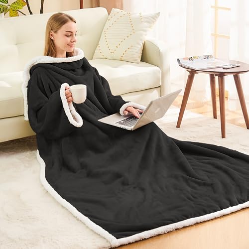 Ramees Sherpa Wearable Blanket with Sleeves and Pockets, Soft Warm TV Blanket Throw for Men and Women