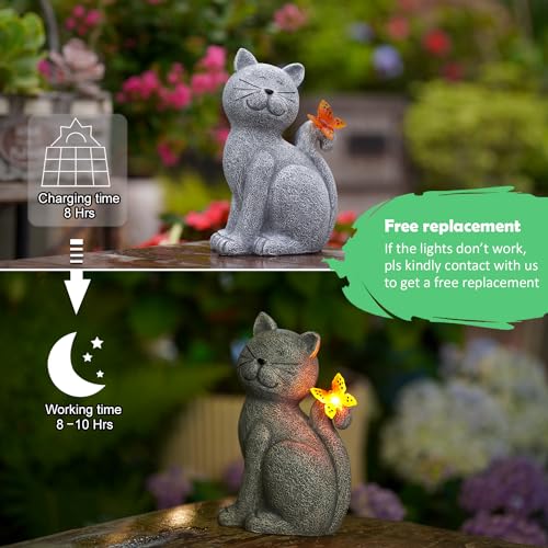 Qeeman Solar Garden Decor Cat Figurine: Sculpture for Outside and Home/Patio/Balcony/Yard Art Lawn Ornaments - Great House Warming Gifts for Women/Grandma