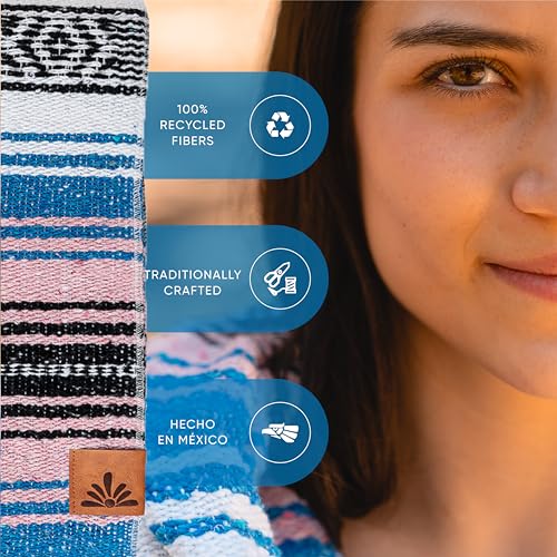 Tierra Mía Mexican Blanket - Authentic Handwoven Serape Picnic Blanket (70"x50") for Outdoor Restorative Yoga, Beach, and Grass Resting - Large, Thick Cotton Throw with Baja Falsa Design (Baja Beach)