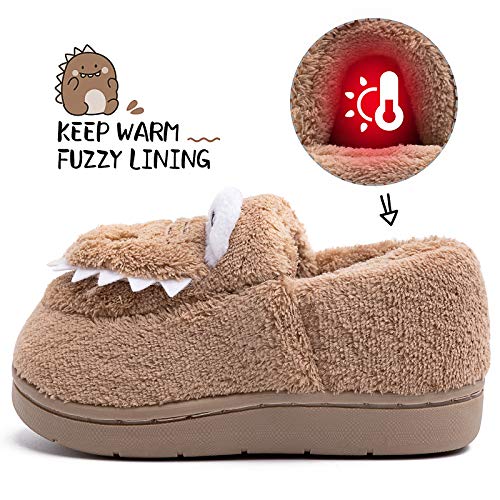 techcity Boys Girls Warm Slippers Winter Indoor House Home Shoes for Toddler Kids Cute Dinosaur Fur Lined Slippers