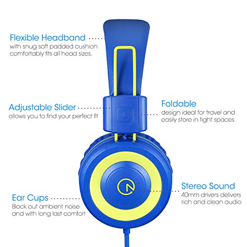 noot products Kids Headphones with Microphone K12 Stereo 5ft Long Cord with 85dB/94dB Volume Limit Wired On-Ear Headset for iPad/Amazon Kindle,Fire/Toddler/Boys/Girls/School(Blue/Lime)