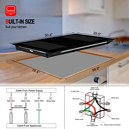 GASLAND Chef 30 Inch Induction Cooktop 5 Burners with Griddle, Rectangular 2-in-1 Cast Iron Grill Pan, Non-Stick & Non-Rust Coating,Built-in Electric Cooktop with Sensor Touch Control, Safety Lock