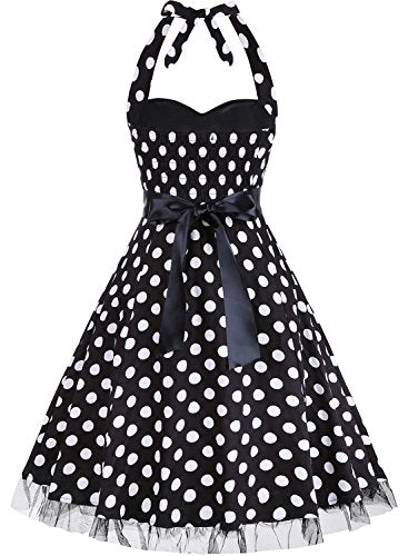 oten Women's Vintage Polka Dot Halter Dress 1950s Floral Sping Retro Rockabilly Cocktail Swing Tea Dresses