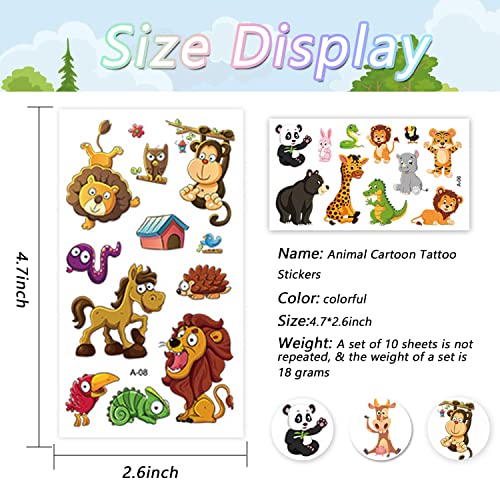 10 Sheets(120PCS) Animal Temporary Tattoos for Kids Cartoon Fake Tattoo Stickers Cute Lion Monkey Giraffe Squirrel Bird Design Waterproof Body Art Tattoo Sticker for Kids Birthday Party Decor Supplies