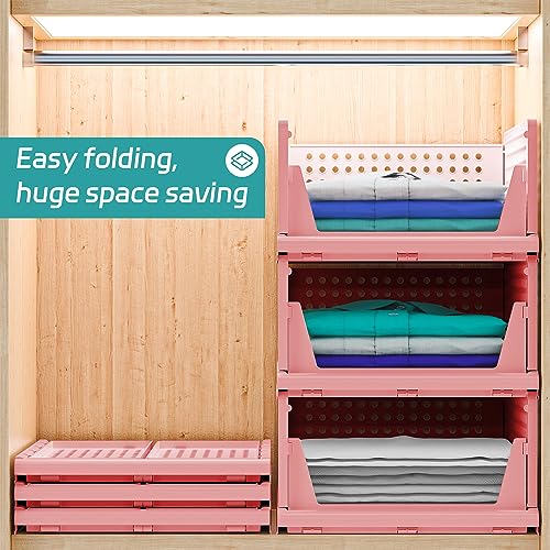 MVSRWLL Stackable Plastic Storage Basket Bin Shelf Box for Closet Wardrobe Organizer 4 Pack Foldable Clothes Drawer Storage Container for Cupboard Kitchen Bathroom Bedroom Office (White)(3L+1S)