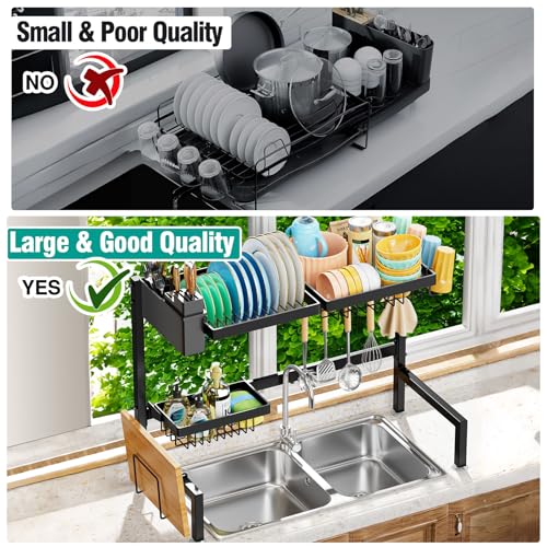 YKLSLH Over The Sink Dish Drying Rack 2 Tiers, for All Sinks (24.8"-35.4"),Expandable Large Capacity Sink Rack, Metal Drying Rack for Kitchen and Family Use