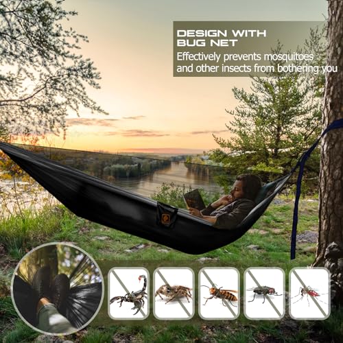 Camping Hammock, Portable Hammocks with Mosquito Net,Lightweight Nylon Parachute Hammock with 10ft Tree Straps,Camping Gear Must Haves for Travel Hiking Backpacking Beach Patio-Black&Grey