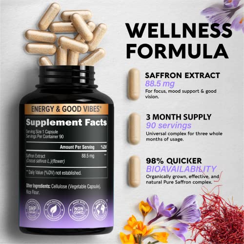 Natural Saffron Supplements - Pure Saffron Extract 88.5 mg - Made in USA - Mood | Focus | Vision | Energy Support - Eye Health for Women & Men - NonGMO Vegan Pills - 90 Powder Capsules, 3 Month Supply