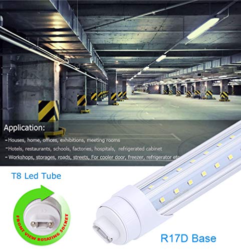 FALANFA 8ft R17D Rotatable HO Base led Tube Light 65W,270 Degree V Shaped LED Chip Bulbs,T8 6000K Cool White,Clear Cover,85V-265V,Dual-Ended Powered(Pack of 4