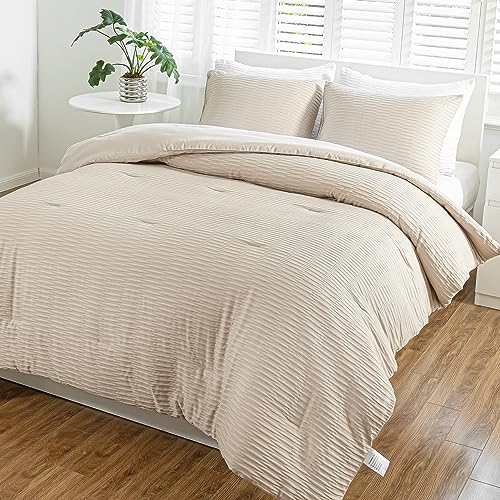 LAVACHEY Queen Comforter Set, White Seersucker Bedding Comforters Sets 3 Pieces, Soft & Lightweight Comforter for Queen Size Bed (90x90In Comforter & 2 Pillowcases)