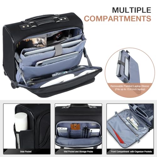Lekebobor Rolling Laptop Bag Rolling Laptop Briefcase on Wheels for Women/Men Fits Up to 15.6Inch Rolling computer Bags Water Resistant for Work Travel and Business, Black