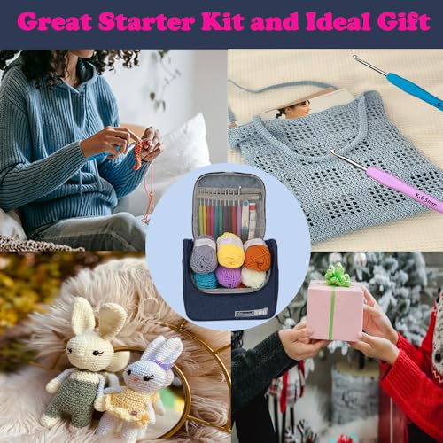 Yarniss Crochet Kits for Beginners, All in One Crochet Kits with 840 Yards Crochet Yarn, 10 Size Ergonomic Crochet Hooks 2.0mm~6.5mm, Blue