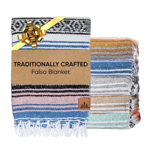 Tierra Mía Mexican Blanket - Authentic Handwoven Serape Picnic Blanket (70"x50") for Outdoor Restorative Yoga, Beach, and Grass Resting - Large, Thick Cotton Throw with Baja Falsa Design (Baja Beach)