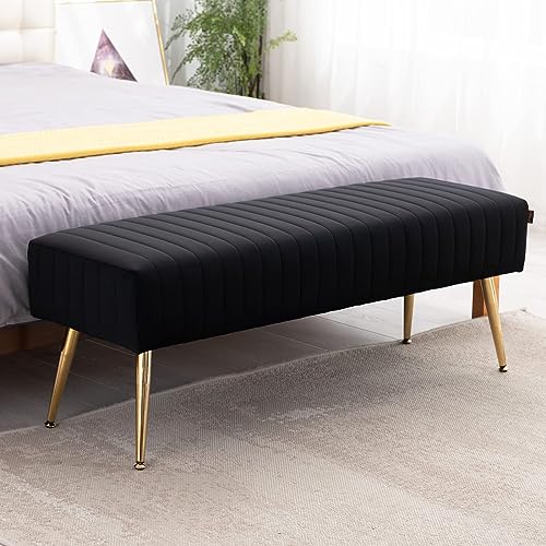 Furnimart 44 Inch Bedroom Ottoman Bench, Black Upholstered End of Bed Bench with Gold Legs for Living Room Bedroom Dinning Room Entryway, Black