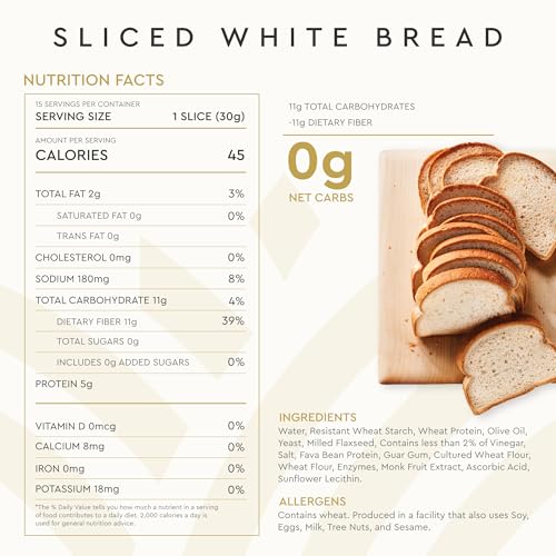 Hero Classic White Bread — Delicious Bread with 0g Net Carb, 0g Sugar, 45 Calories, 10g Fiber per Slice | Tastes Like Regular Bread | Low Carb & Keto Friendly Bread Loaf —15 Slices/Loaf, 4 Loaves
