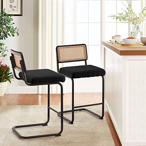 Counter Height Bar Stools Set of 2, 26" Rattan Counter Stool Velvet Upholstered Barstool with Cane Back & Metal Frame, Mid Century Modern Bar Chair Armless Kitchen Stool for Counter Island (Black)