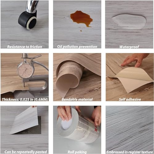 Wood Light Grey Peel and Stick Flooring Tile Waterproof-(NO Sticky Residue Left)36" x 6"-Self Adhesive Wood Plank Vinyl Flooring Tiles for Kitchen Bathroom, Bedroom, Living Room 4 Pack 6 Sq.Ft-Cotton